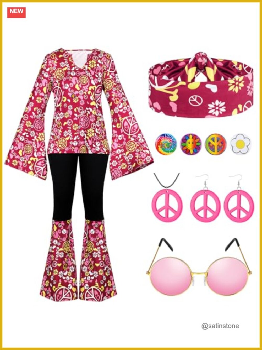 11 Pc Hippie Costume Set Polyester Fringe Top Pants Boho Party